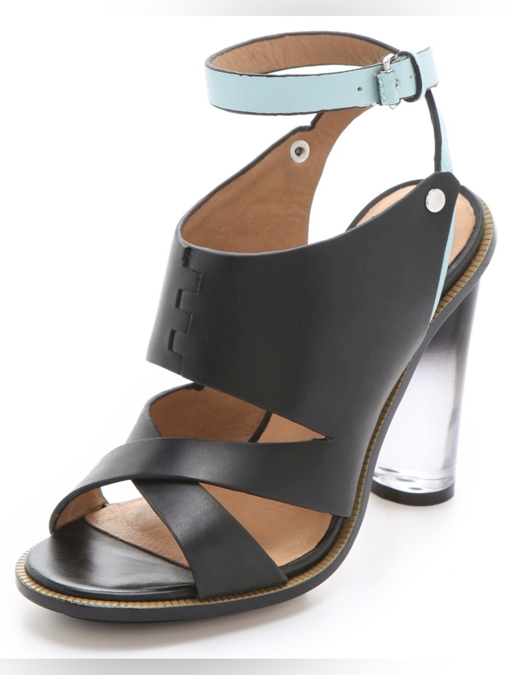 L.A.M.B. Chase Lucite Heels in Black and Teal Leather Gwen Stefani